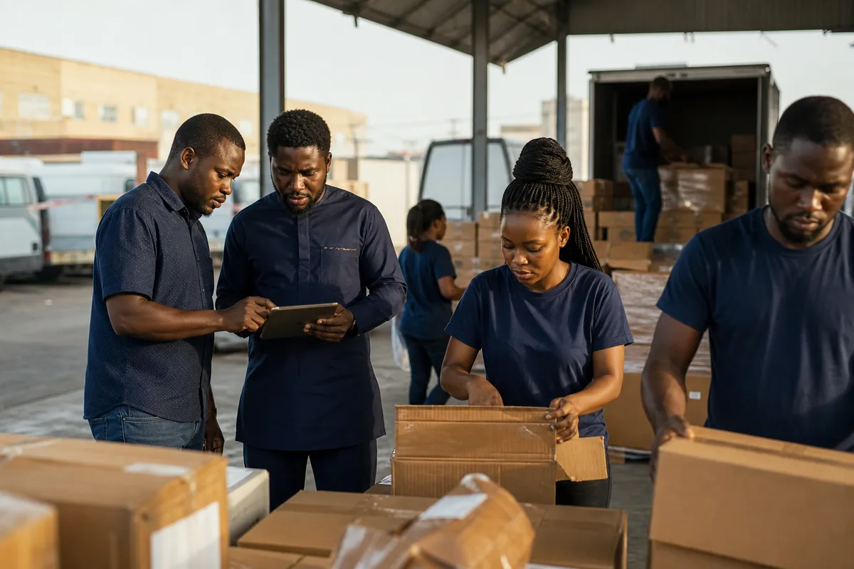 African operations team launching a company in a working fulfilment hub